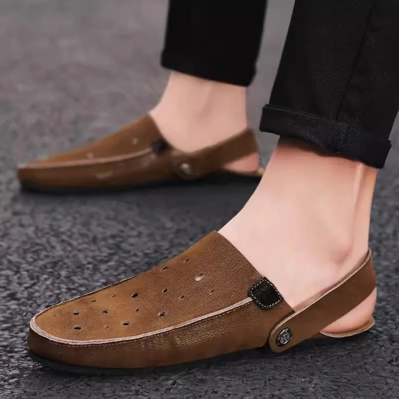 Genuine Leather Slippers For Men Slip on Flats Shoes Walking Shoes Men Half Slippers Comfortable  Household Casual Beach Sandals