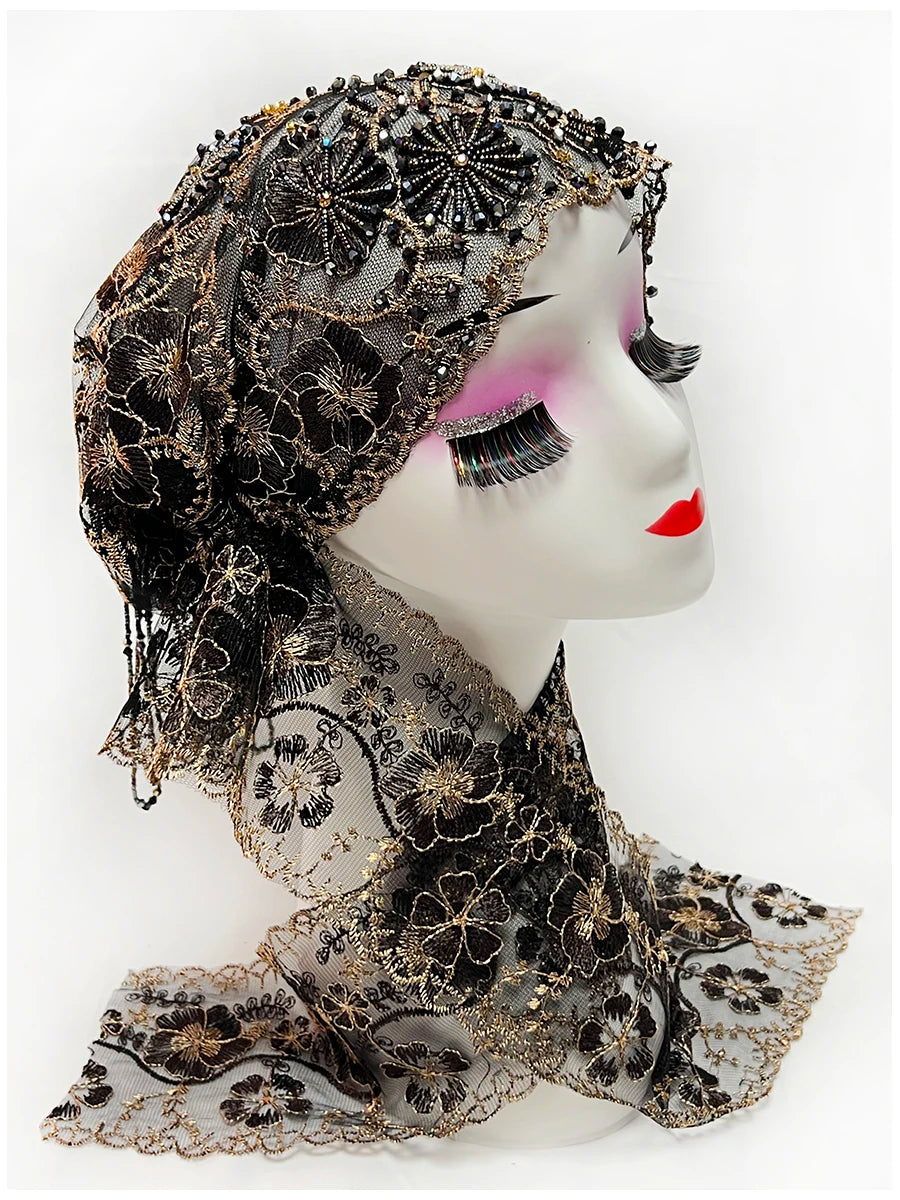 Explosive Head Cover Mesh Fabric Hand-Embroidered Hanging Beaded String acrylic Ribbon Hats Dubai New Muslim Arabic Worship Hat