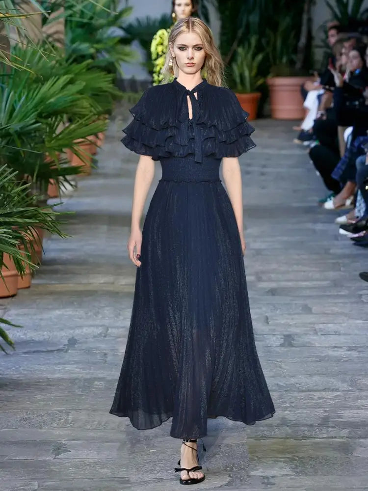 Lace Up Tie Collar Lady Dress 2025 Summer Cloak Stretch Waist Pleated Elegant Large Hem Shiny Women's Long Chiffon Dresses
