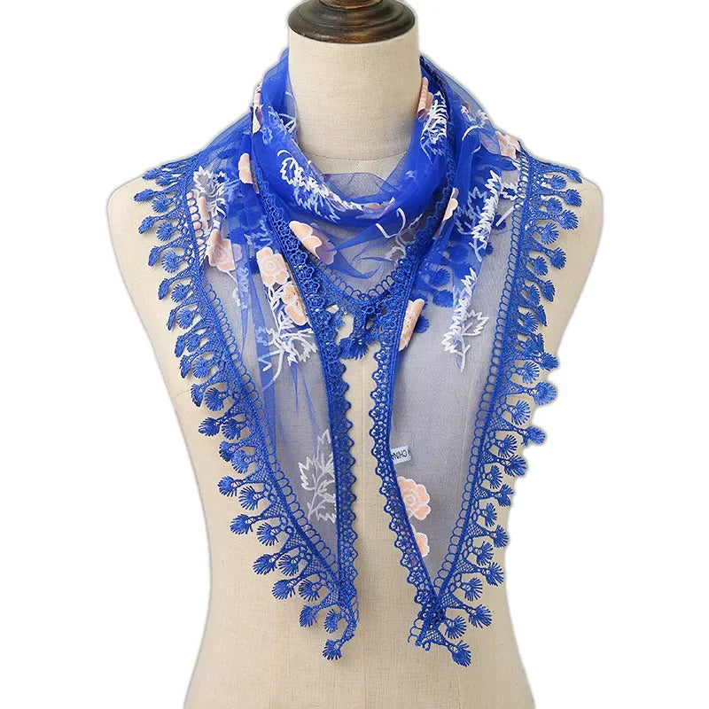 Fashion Women Triangle Wrap Fringed Shawls Head Scarf Tassel Embroidery Lace Scarves Flower Hijab Bandana Prayer Kerchief Church