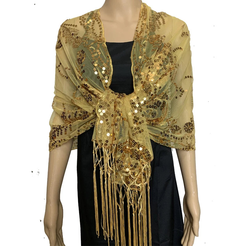 Glitter Sequins Shawls and Wraps for Evening Dresses Women's Mesh Wedding Cape Bridal Bridesmaid Shrugs Fringed Party Shawl