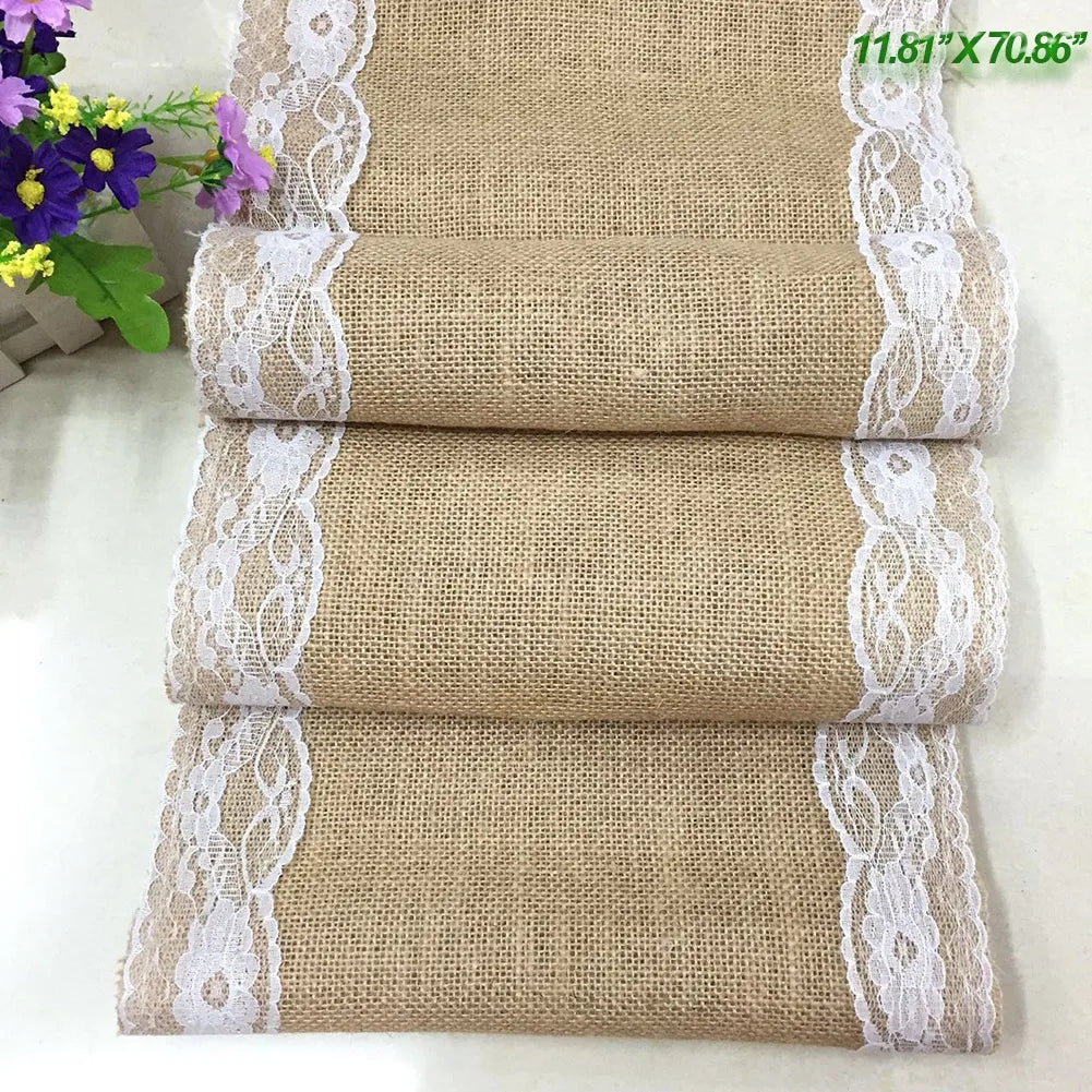 Vintage Burlap Jute Linen Table Runner Lace Cloth Dinning Room Table Gadget Home Decor Accessory New