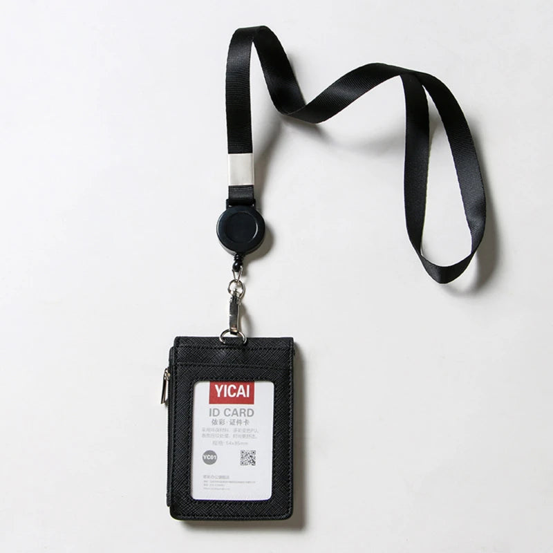 Solid Color Horizontal Vertical Employee Staff ID Work Card Cover with Retractable Badge Reel Lanyard Badge Pass Bus Card Holder