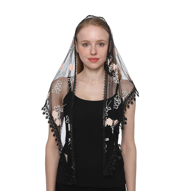 Fashion Church Shawl Lace Veil Polyester Scarf Bandana Church Prayer Wedding Mantilla Chapel White Embroidered Hijab Women Scarf