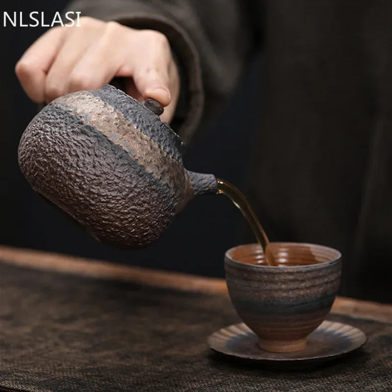 Japanese Rough Pottery Stone Pattern Pot Side Handle Handmade Teapot Retro Ceramic Tea Set Pu'er Tea Maker Portable Tea Pot