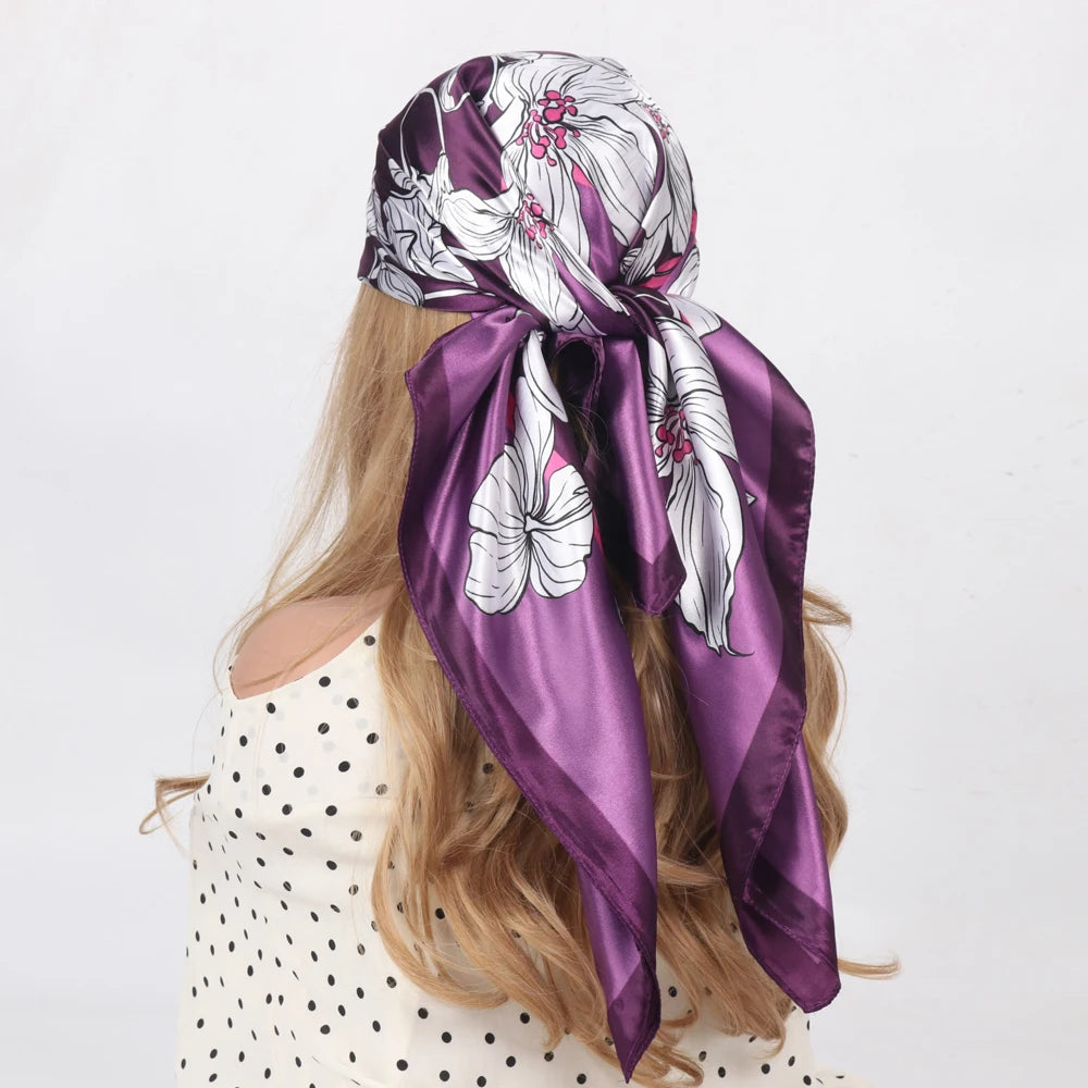 Silk Head Scarf Women Luxury Fashion Hair Scarve Summer Foulard Femme Satin Shawl Kerchief 90cm Square Headscarf Bandana Cheveux