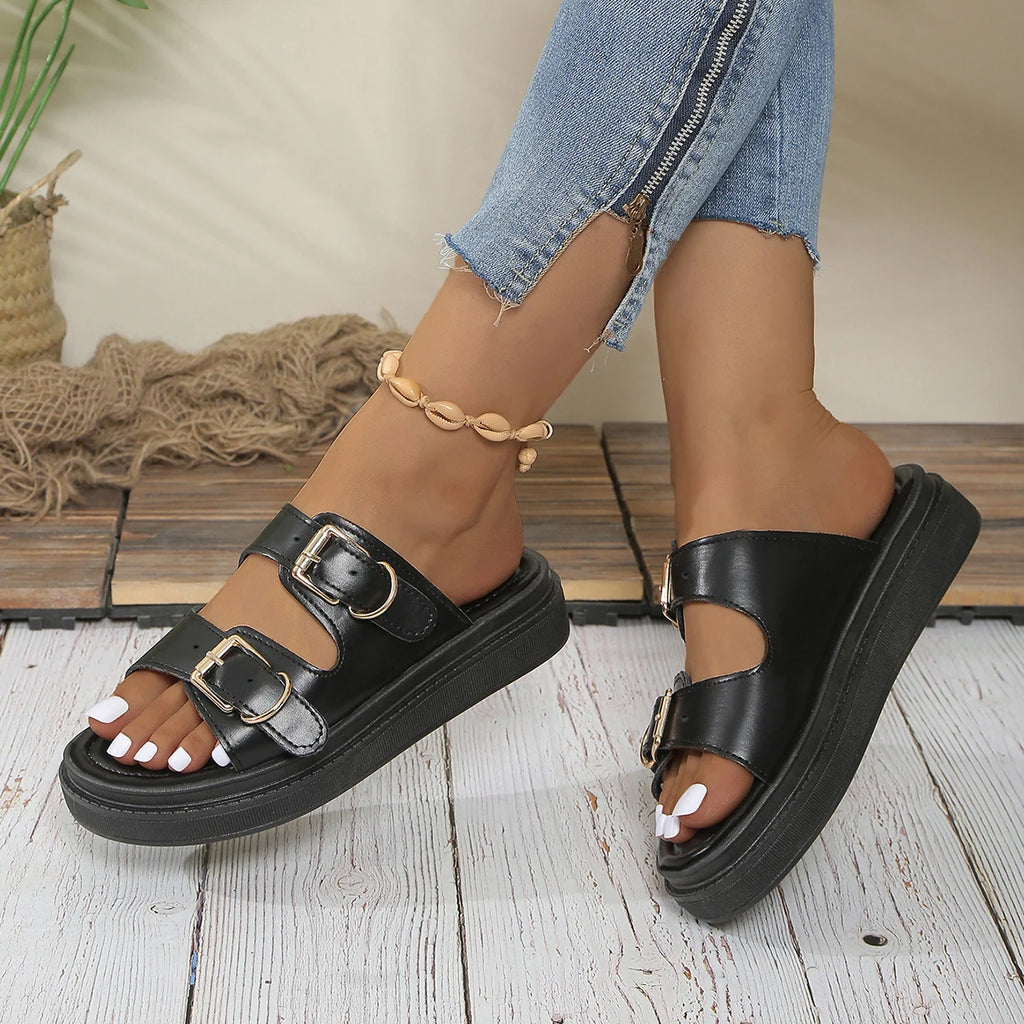 Casual Sandals Women Leather Metal Ankle Buckle Strap Summer Beach Ladies Low Heel Sport Shoes Handmade