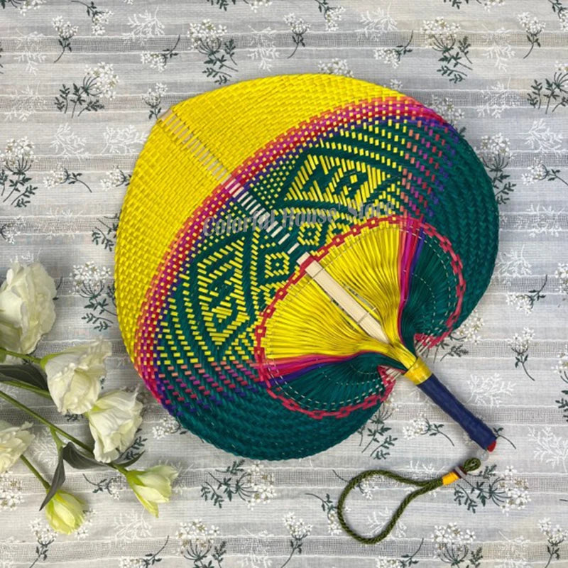 1pc Natural Bamboo Raffia Hand Fan Summer Cooling Supplies Hand Colored Woven Fan Farmhouse Wall Decoration Wedding Party Gift