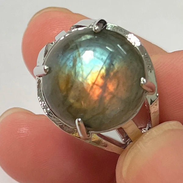 Ring Natural Stone Round Bead Blue Labradorite Adjustable Finger