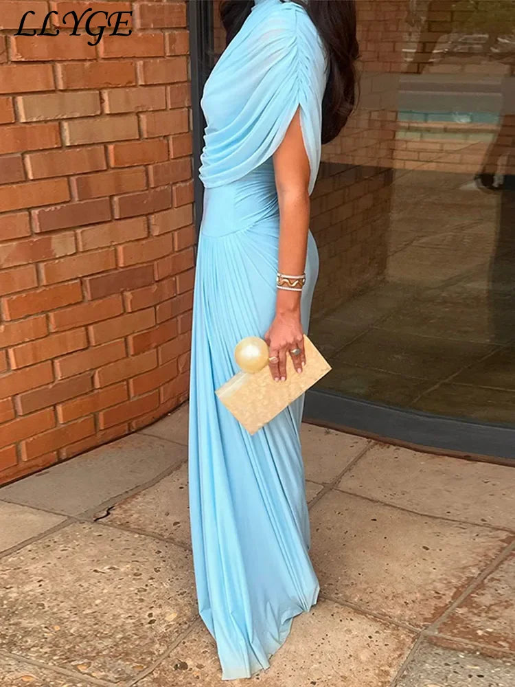 Elegant Shawl Long Party Dress Women Blue Asymmetric High Waist Pleated Female Beach Dresses 2025 Spring Summer Evening Gowns
