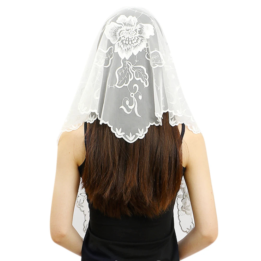 Fashion Church Shawl Lace Veil Polyester Scarf Bandana Church Prayer Wedding Mantilla Chapel White Embroidered Hijab Women Scarf