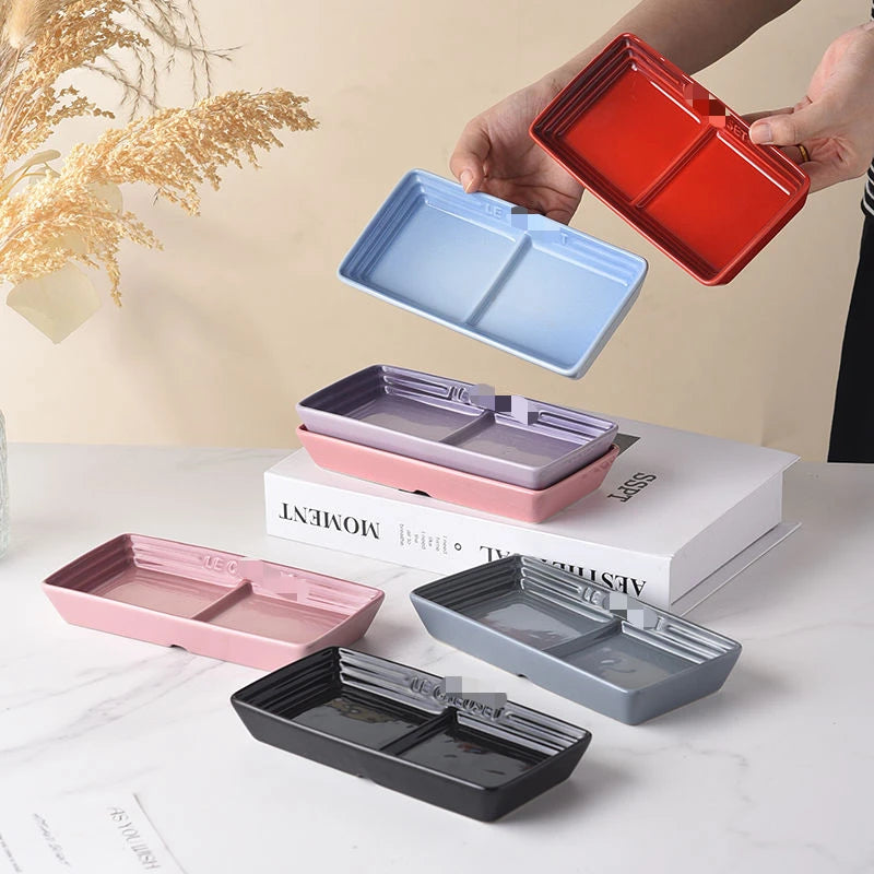 Color Japanese Style Grid Dipping Dish Seasoning Dish Ceramic Pickled Vegetables Snacks Separated Barbecue Dipping Home Use