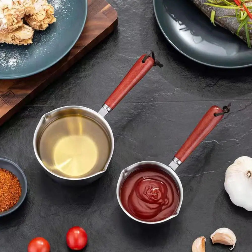 Stainless Steel Oil Sprinkling Small Pot with Wooden Handle Hot Oil Mini Sauce Pan Household Kitchen Multifunction Milk Pot