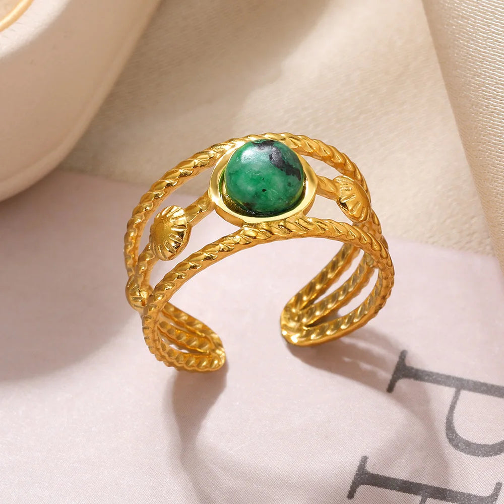 Stainless Steel Double Wide Rings For Women Trendy Aesthetic Gold Color Ring Vintage Natural Stone Hollow Jewelry Gift New In