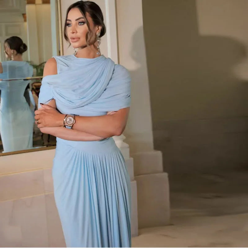 Elegant Shawl Long Party Dress Women Blue Asymmetric High Waist Pleated Female Beach Dresses 2025 Spring Summer Evening Gowns