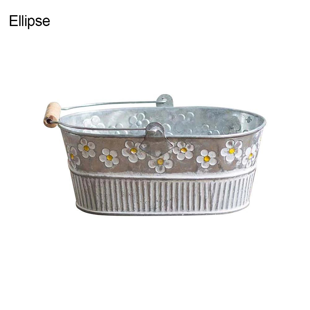 Embossed Vintage Iron Flower Pot Desktop Flowers Vase Plant Hanging Balcony Plant Bucket Planting Home Garden Decorations