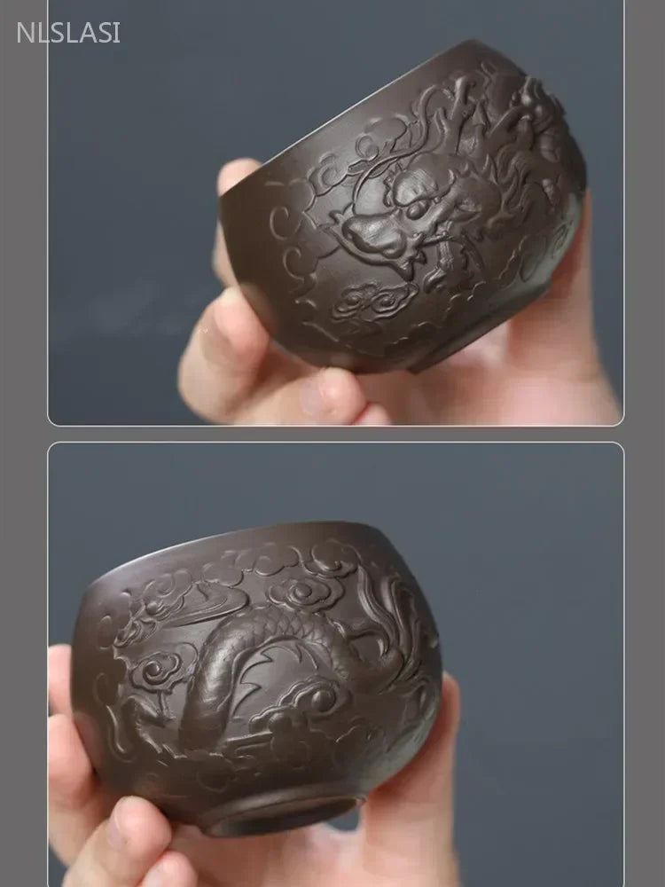 Chinese Hand Carving Purple Clay Teacup Outdoors Portable Tea Bowl Home Master Cup Traditional Zisha Tea Cup Home Drinkware