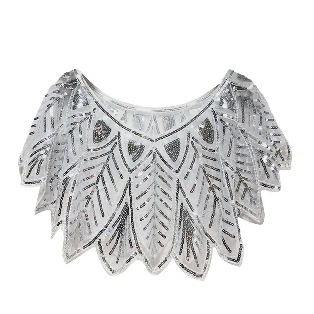 Women 1920s Evening Shawl Elegant Embroidered Beaded Capelet for Women Sparkling Sequin Party Shawl with Leaf Shape Gauze V Neck