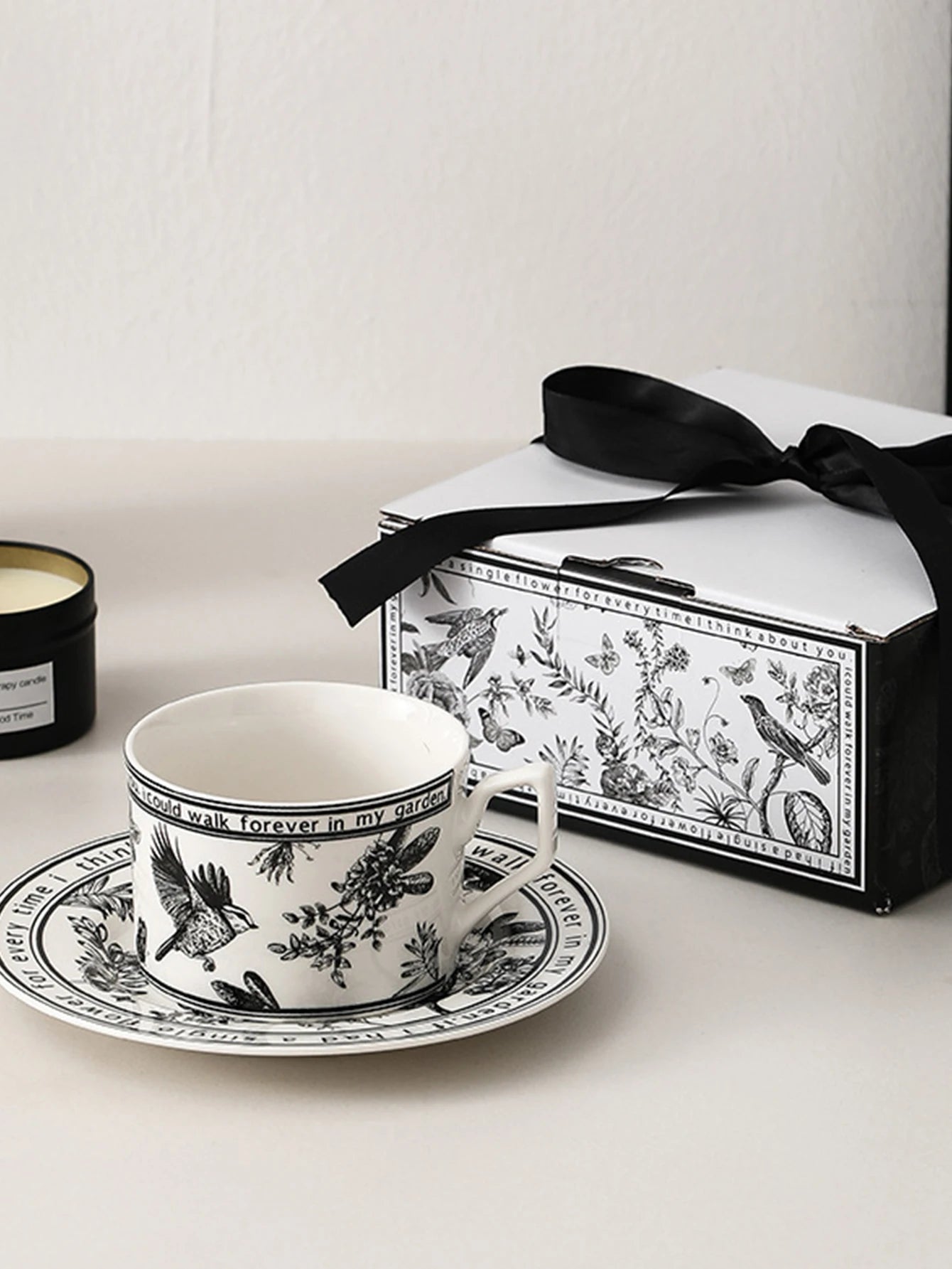 Black and White PatternCeramic Dishes and Plates Sets Korean Simple Retro Afternoon Tea Cup with Tray Special Tableware