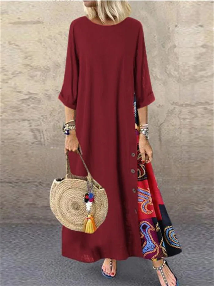 Cotton Linen Vintage Long Dresses Women Three Quarter Sleeves Splicing Print Loose A-line Dress Fashion Casual Lady Maxi Vestido