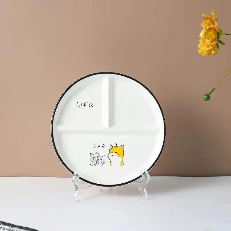 Ceramic Plate Cartoon Fat-reducing Sub-plate, Sub-plate, Household Dish Plate, Three-plate Breakfast Plate, Tableware Gift Set