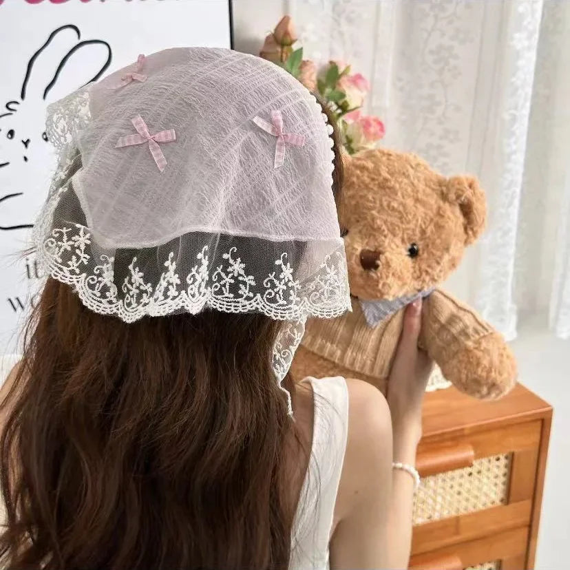 Red Woven Plaid Lace Hair Scarf Wraps Women Retro Triangle Headscarf Hat Travel Photo Headband Girl Hair Accessories