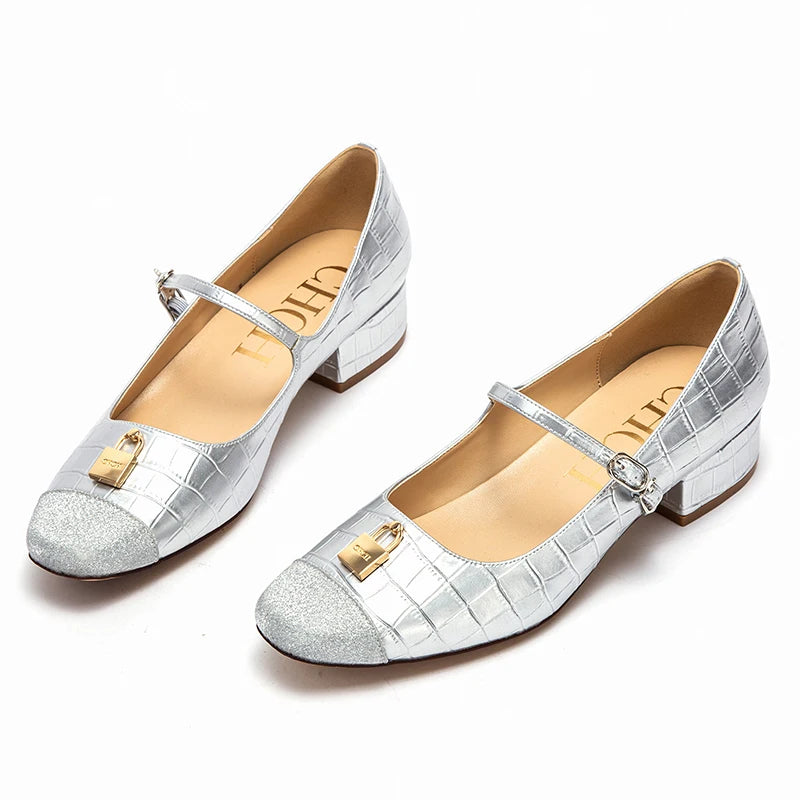 Women Casual Shoes Middle High Heels Spring Summer Leather Sandals Printed Metal Decoration Casual Leather Shoes