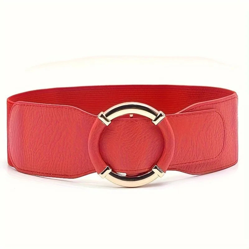 Solid Color Wide Belt Casual Stretchy Vintage Elastic Waistband Round Metal Buckle Dress Coat Girdle Women Apparel Accessories