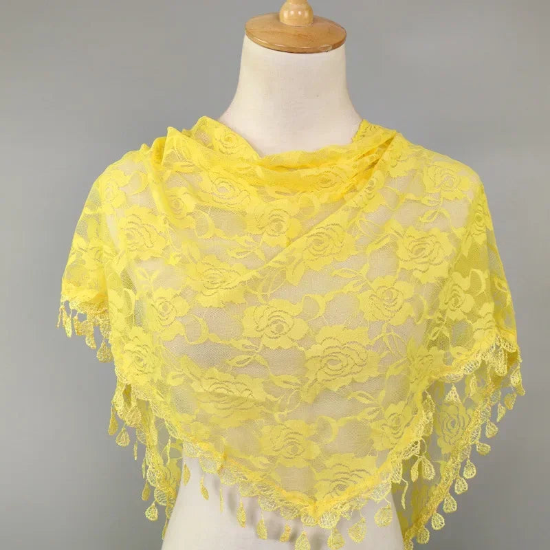 Fashion Women Triangle Wrap Fringed Shawls Head Scarf Tassel Embroidery Lace Scarves Flower Hijab Bandana Prayer Kerchief Church