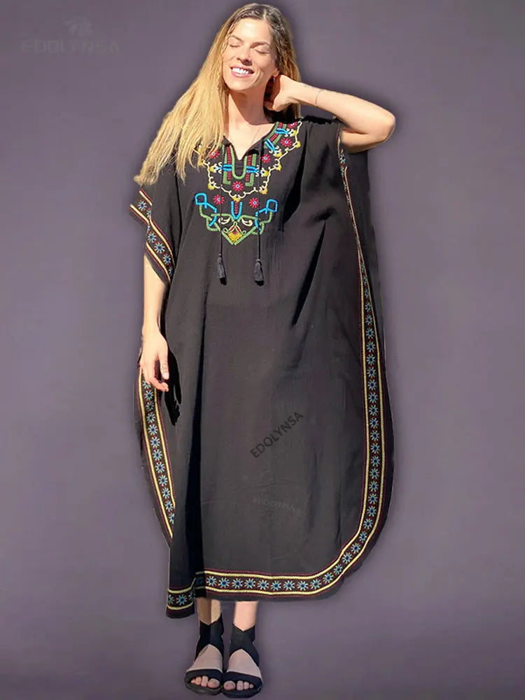2025 Quick-drying Bohemian Printed Loose Summer Beach Dress Moroccan Kaftan Women Plus Size Beachwear Tassel Midi Dress Q897