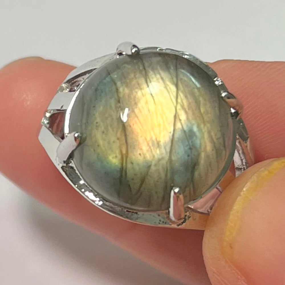Ring Natural Stone Round Bead Blue Labradorite Adjustable Finger