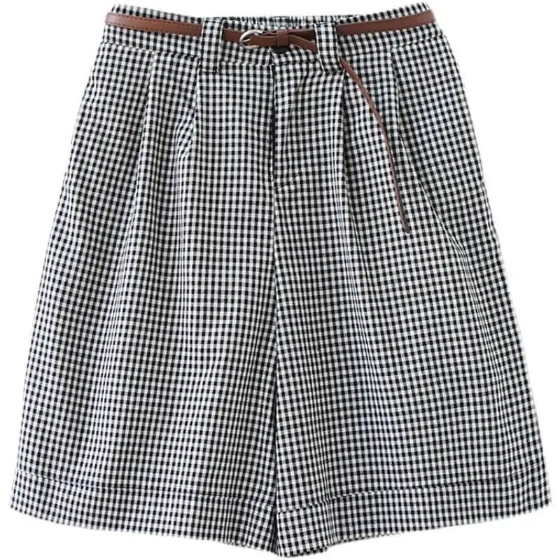 Cotton Linen Loose Plaid Large Size Wide Leg Women Summer Simplicity Office Lady Straight Fashion Appear Thin Casual Shorts