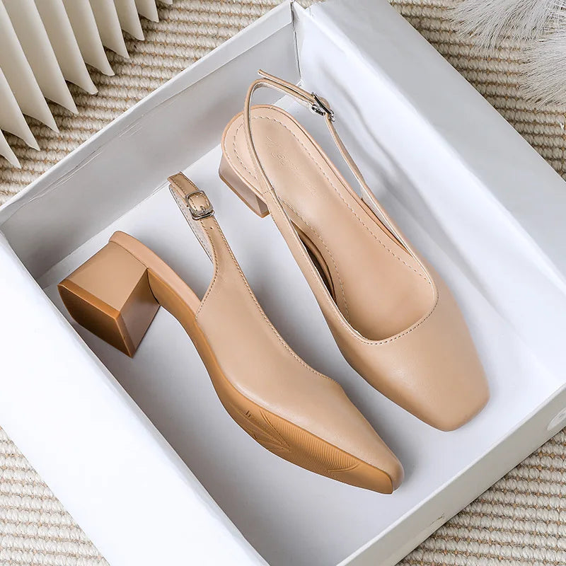 shoes suqare toe leather sandals women thick high heels summer shoes back strap green  big size 43