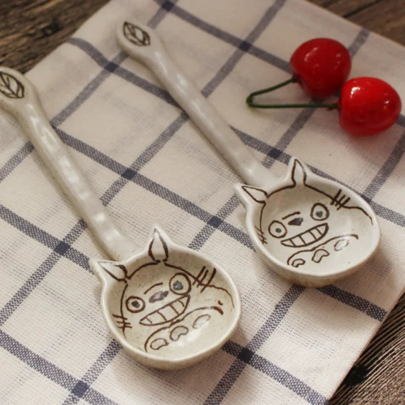 Japanese Hand Drawn Cartoon Cat Clay Spoon Handmade Ceramic Dessert Spoons Small Rice Soup Spoon Kitchen Tableware Coffee Scoop