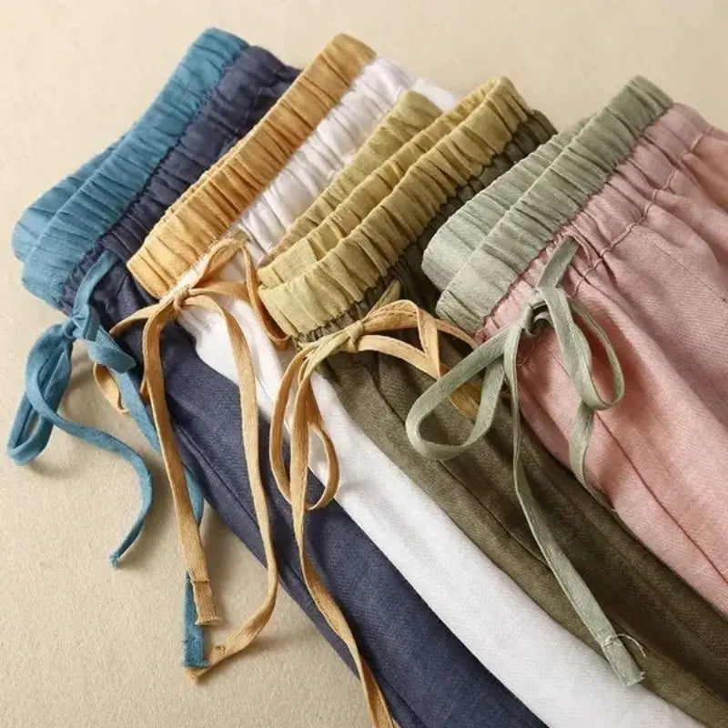 Cotton Linen Casual Elastic High Waist Lace Up Loose Women's Pants Wide Leg Ankle-Length Pants For Women Clothing Fashion 2024