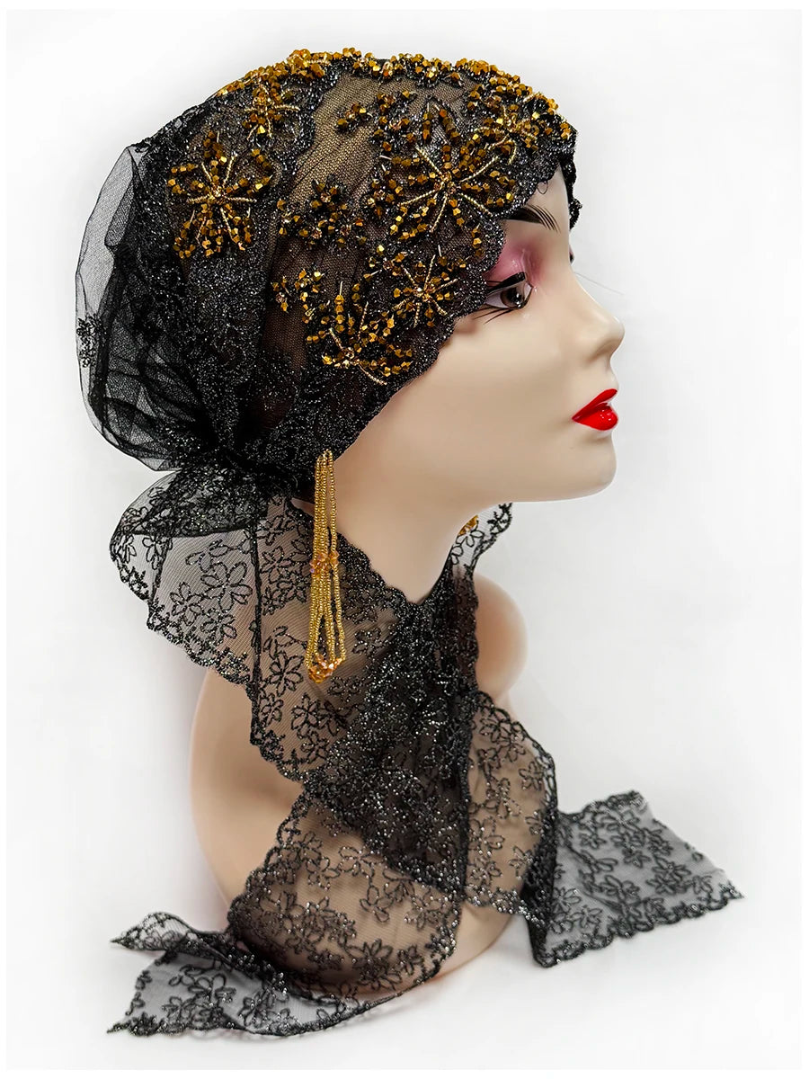 Explosive Head Cover Mesh Fabric Hand-Embroidered Hanging Beaded String acrylic Ribbon Hats Dubai New Muslim Arabic Worship Hat