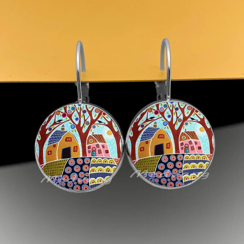 2024 Natural Scenery Earrings beautiful village Women Stud Earring  Abstract Oil Painting House Glass Cabochon Earrings  jewelry