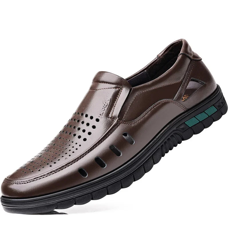 Men's genuine leather sandals perforated shoes casual breathable wear-resistant anti slip cool trend business men's shoes