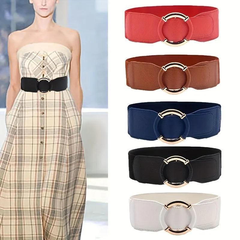 Solid Color Wide Belt Casual Stretchy Vintage Elastic Waistband Round Metal Buckle Dress Coat Girdle Women Apparel Accessories