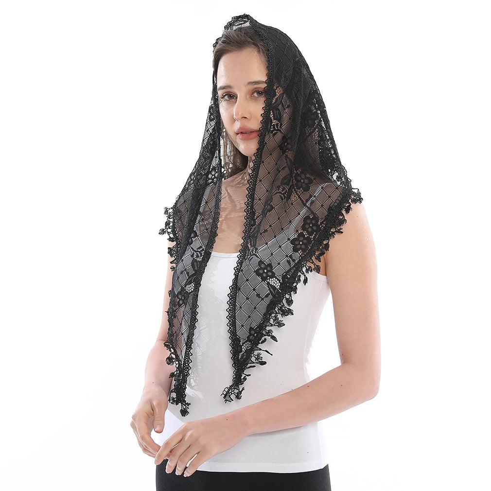 Fashion Church Shawl Lace Veil Polyester Scarf Bandana Church Prayer Wedding Mantilla Chapel White Embroidered Hijab Women Scarf