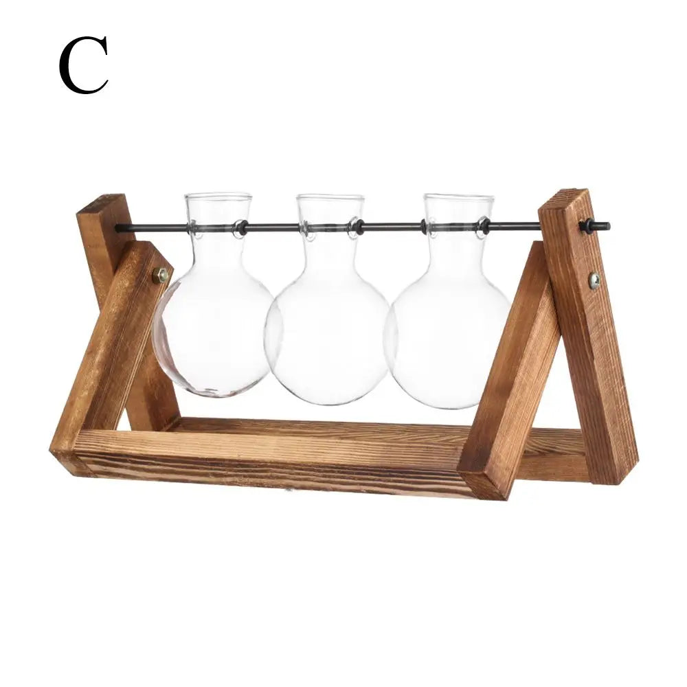 Vintage Hydroponic Plant Vases Glass Vase Vintage Bonsai Flower Pot Terrarium Tabletop Tray Wooden Frame Home Decoration
