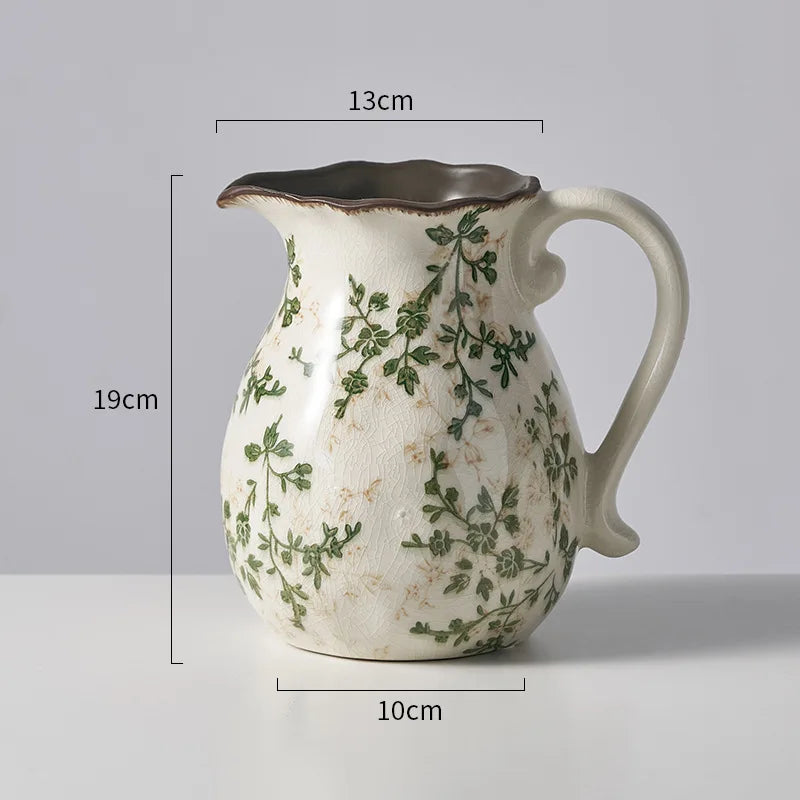 Rustic Country Ice Cracked Milk Pitcher Ceramic Vase Pastoral Scenery Ornament for Flower Arrangement Vintage Decorative Home