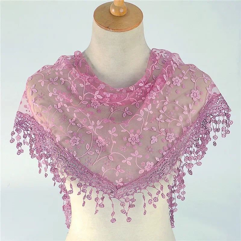Women Triangle Scarf for Church Prayer Shawl Embroidered Lace Veil Floral Tassel Veils Mantillas for The Church's Pendant Scarve