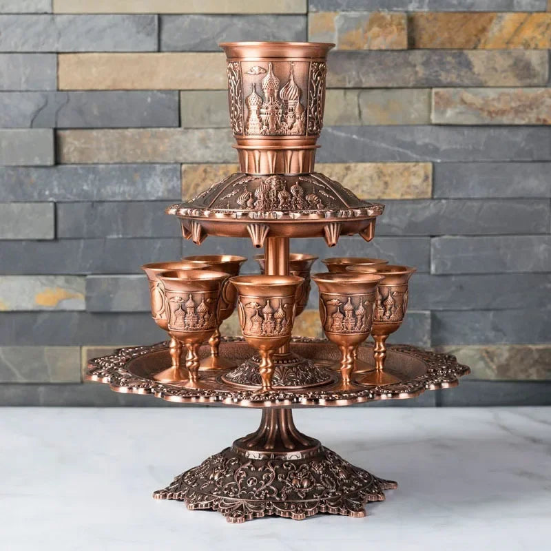 Kiddush Cup & Fountain, Dinner Gathering Wine Pouring Pot Dispenser, Wine Glass Holder Gift Set Copper Alloy