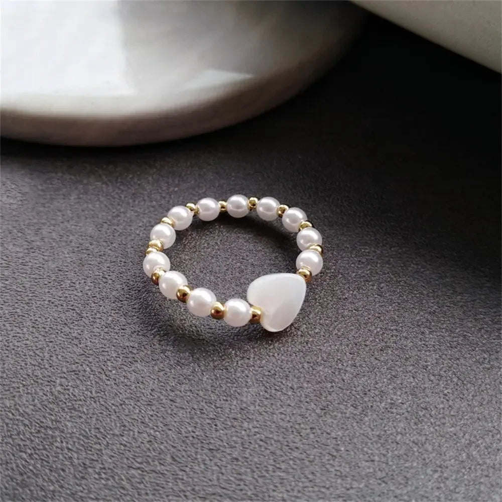 Elegant Heart Imitation Pearl Rings for Women Fairy Vintage Simple Retro Index Finger Ring White Sweet Minimalist Jewelry Gift