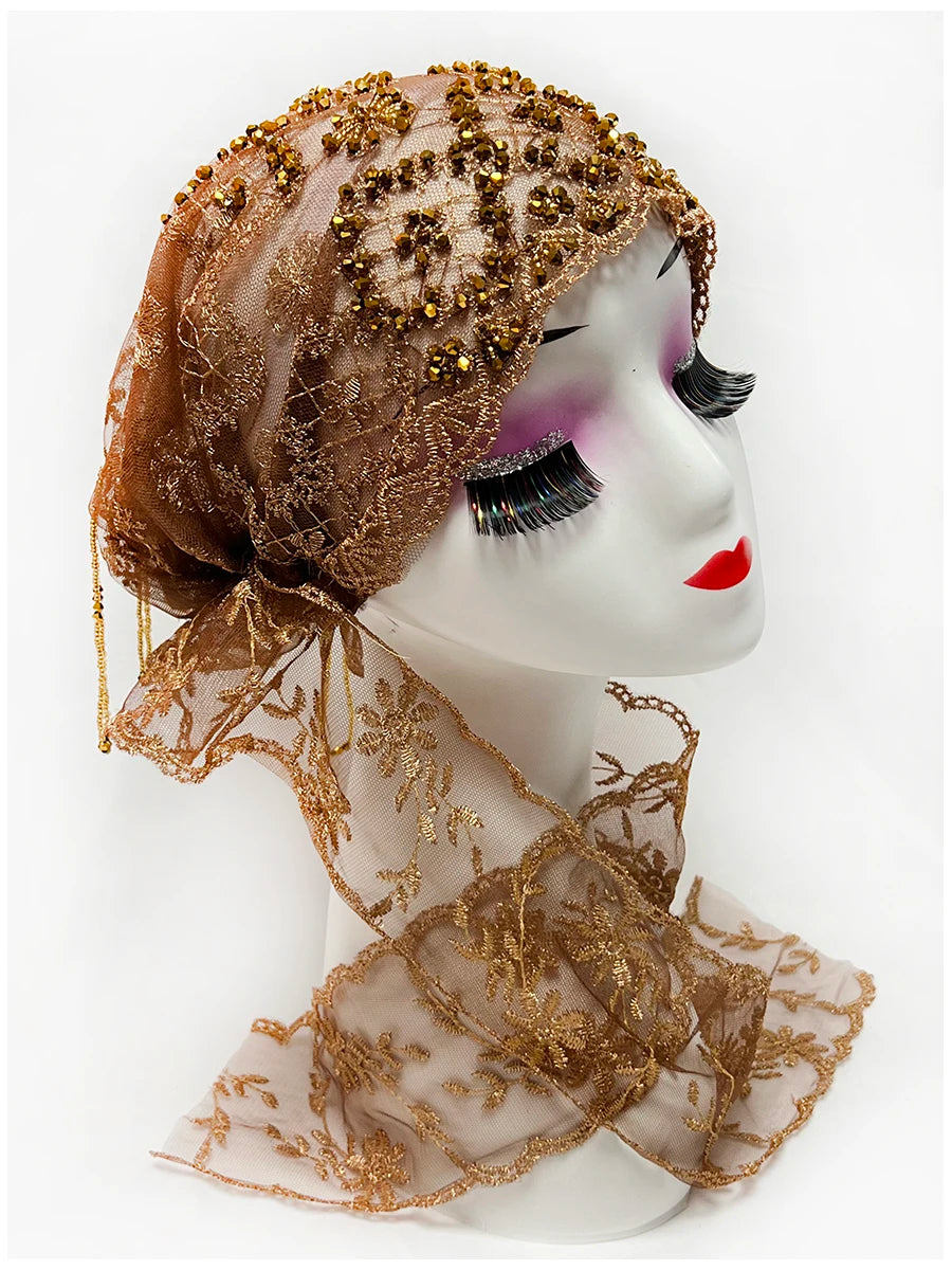 Explosive Head Cover Mesh Fabric Hand-Embroidered Hanging Beaded String acrylic Ribbon Hats Dubai New Muslim Arabic Worship Hat