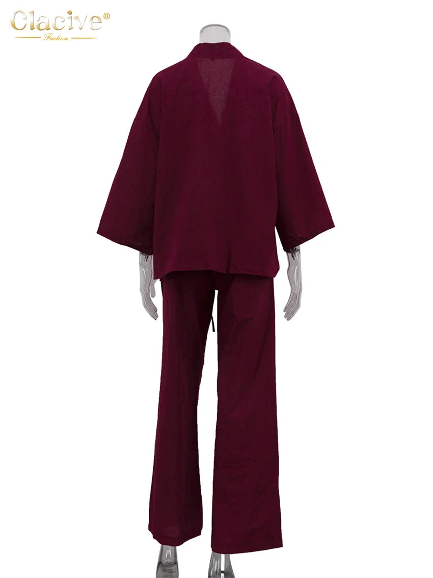Clacive Fashion Loose Red Cotton Women's Two Pieces Set 2025 Elegant Long Sleeve Shirt With High Waist Wide Pants Set Female