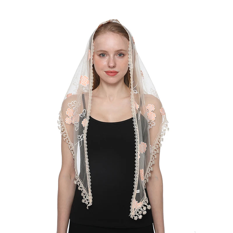 Fashion Church Shawl Lace Veil Polyester Scarf Bandana Church Prayer Wedding Mantilla Chapel White Embroidered Hijab Women Scarf