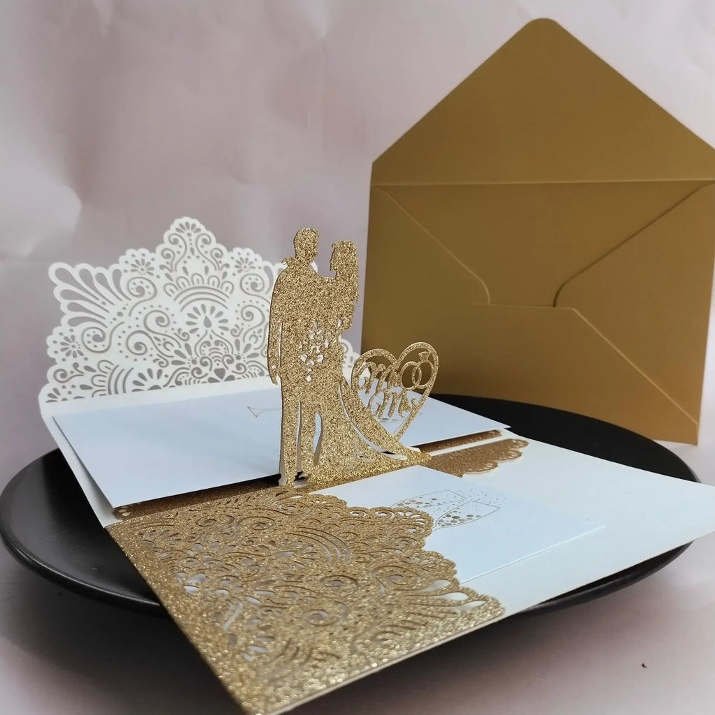 3D Bride And Groom Rose Gold Pop up Wedding invitations laser cut Greeting cards envelope Rsvp Navy blue White Pink
