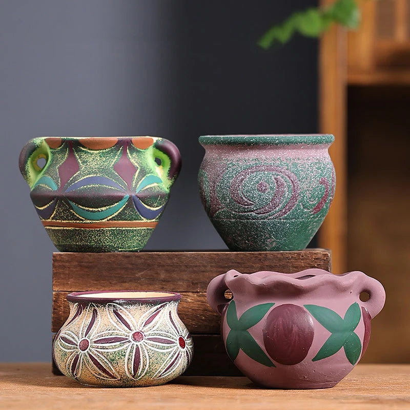 Mediterranean Style Flower Pot Retro Red Pottery Flower Pots Vintage Printed Creative Ceramic Succulent Planters Indoor Outdoor